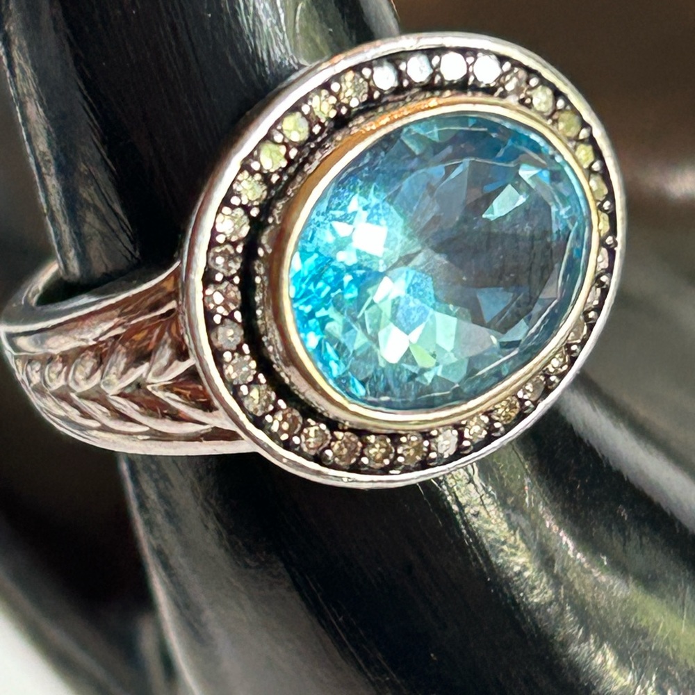 Stunning 925 Silver and 14k Gold Blue Topaz with Diamonds Ring
